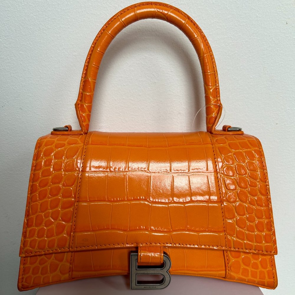 New BALENCIAGA Orange Croc Embossed Leather Hourglass Top Handle Bag